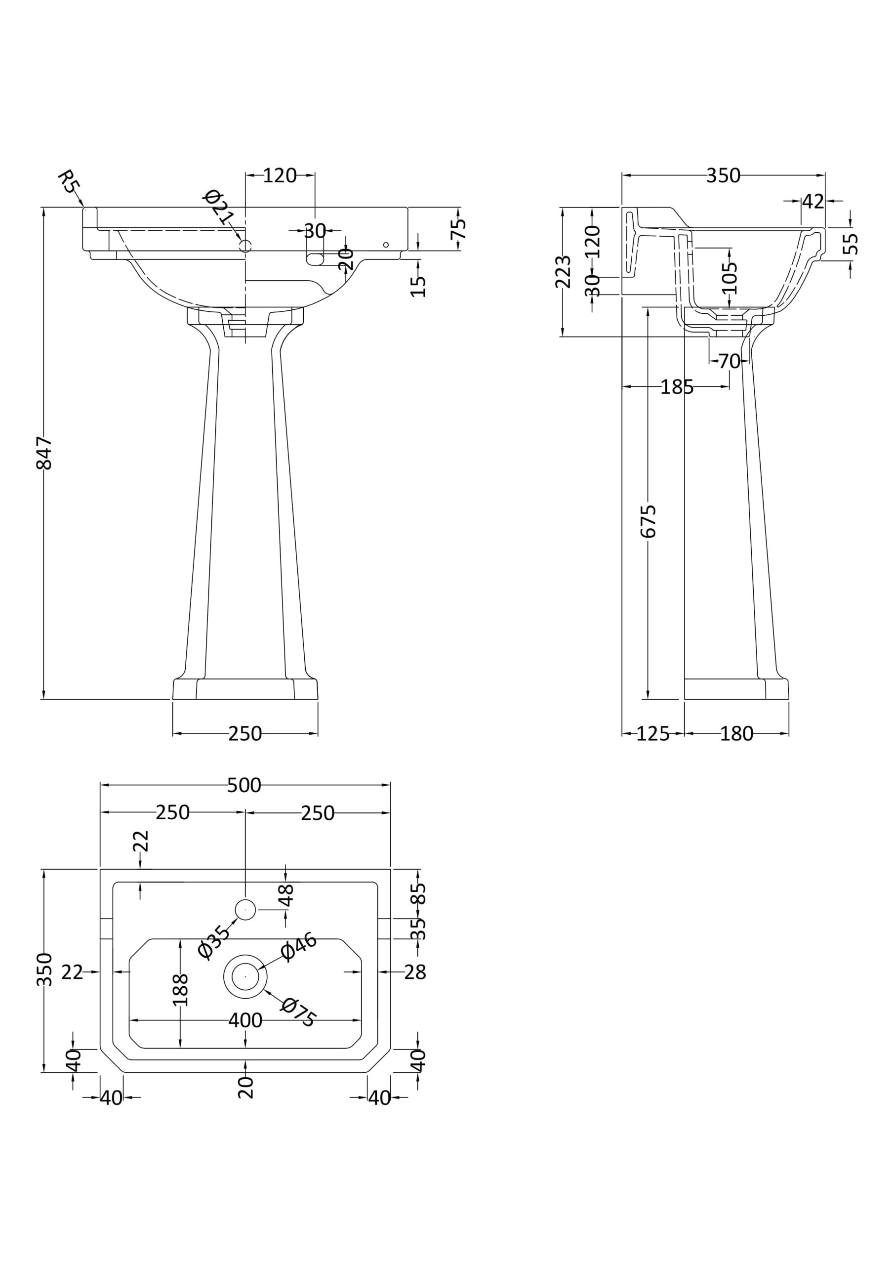 HR Richmond 500mm Basin & Pedestal 1 Tap Hole - Image 2