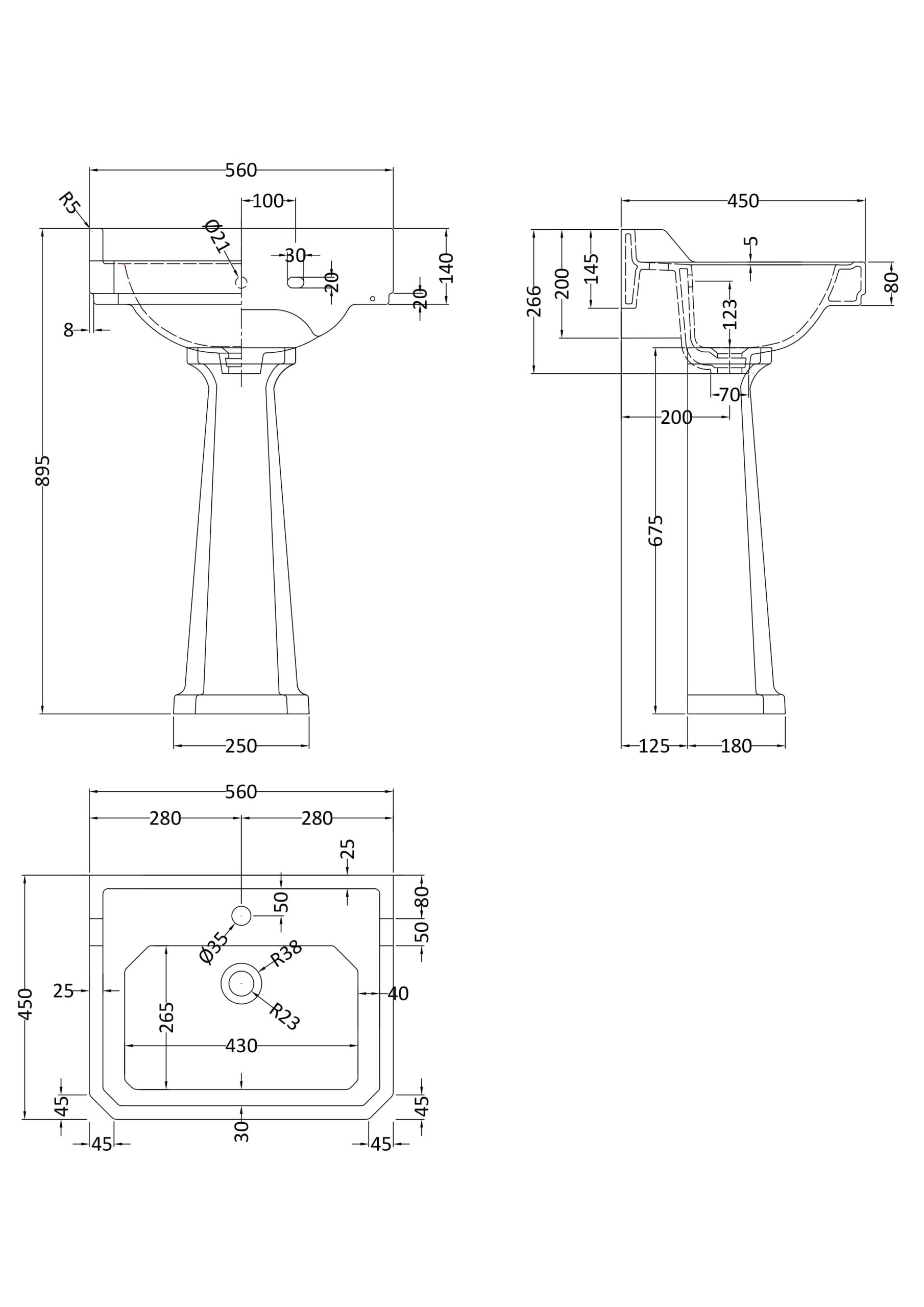 HR Richmond 560mm Basin & Pedestal 1 Tap Hole - Image 2