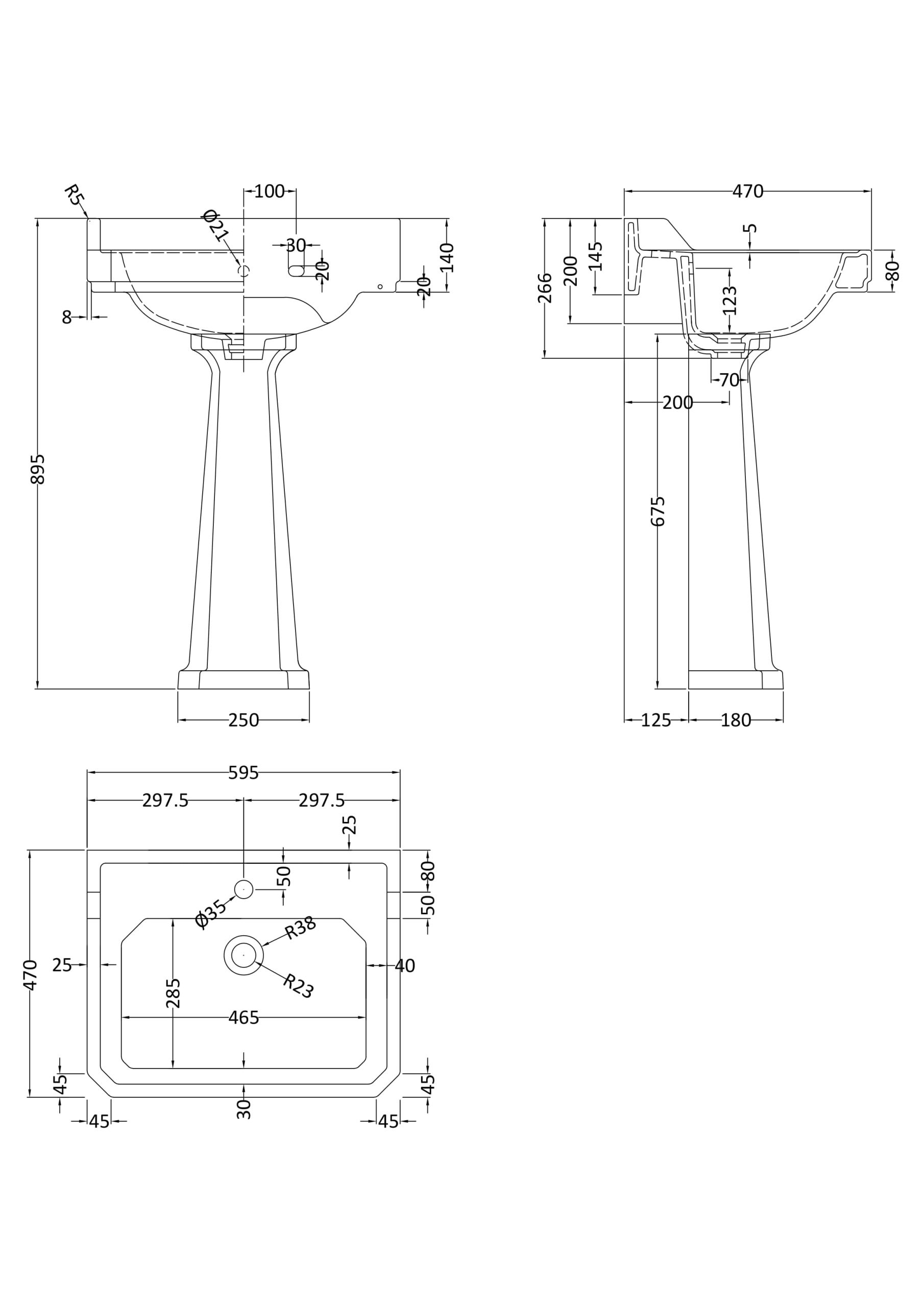HR Richmond 600mm Basin & Pedestal 1 Tap Hole - Image 2