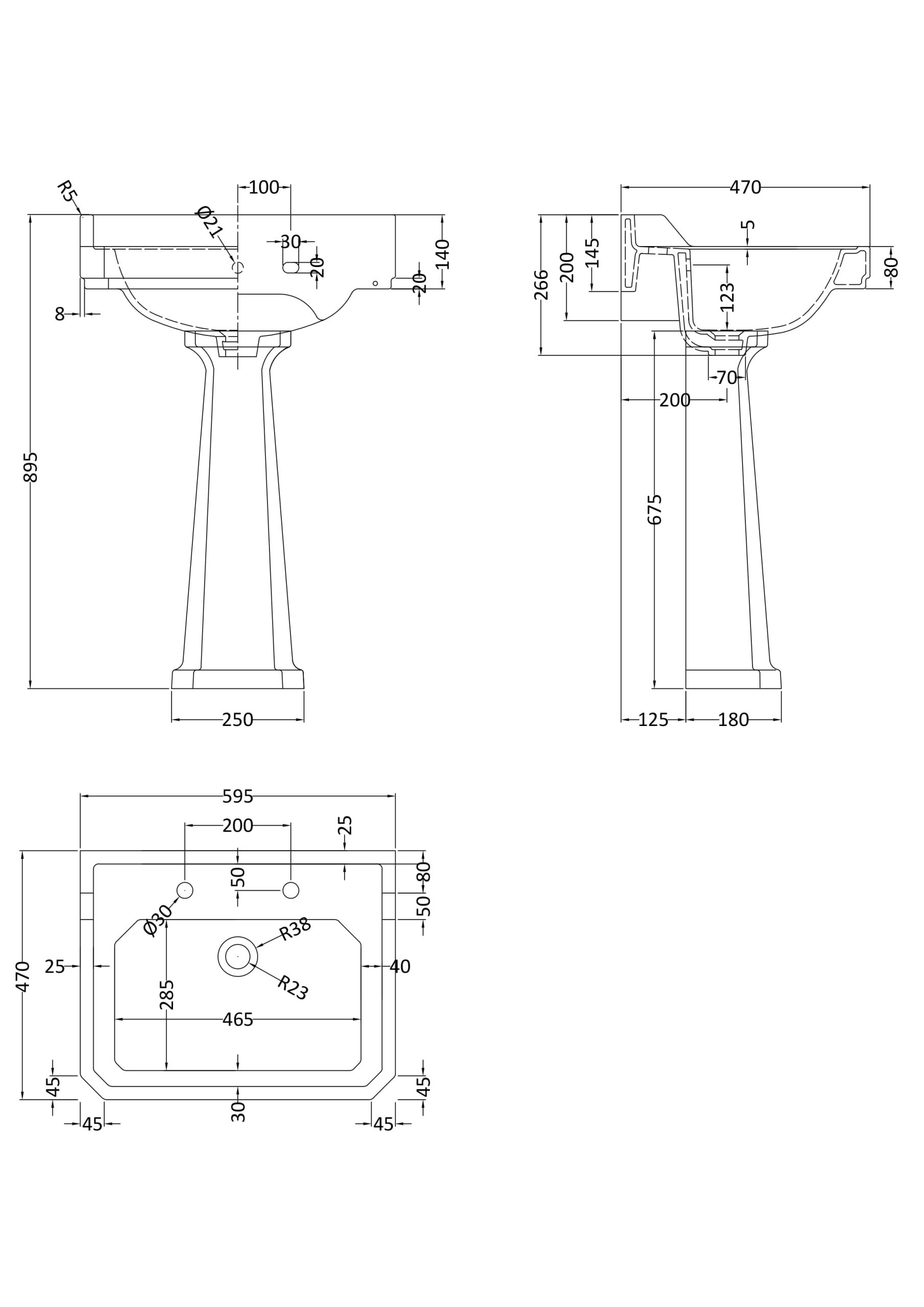 HR Richmond 600mm Basin & Pedestal 2 Tap Hole - Image 2