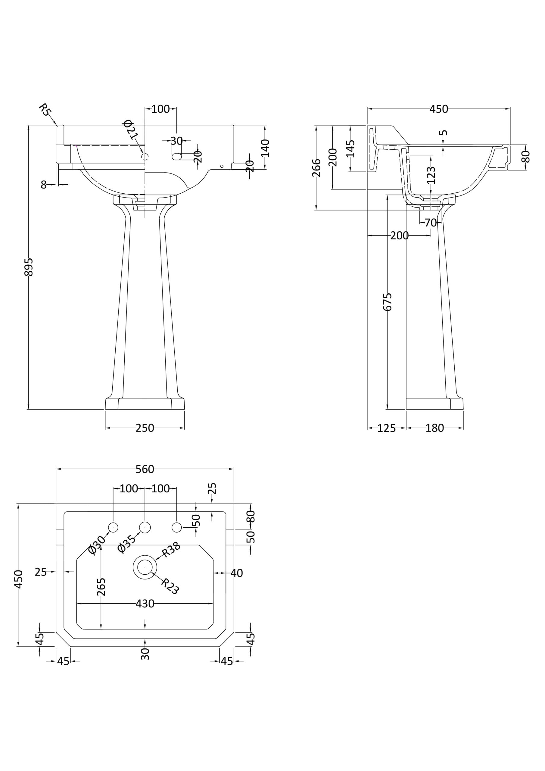 HR Richmond 560mm Basin & Pedestal 3 Tap Hole - Image 2