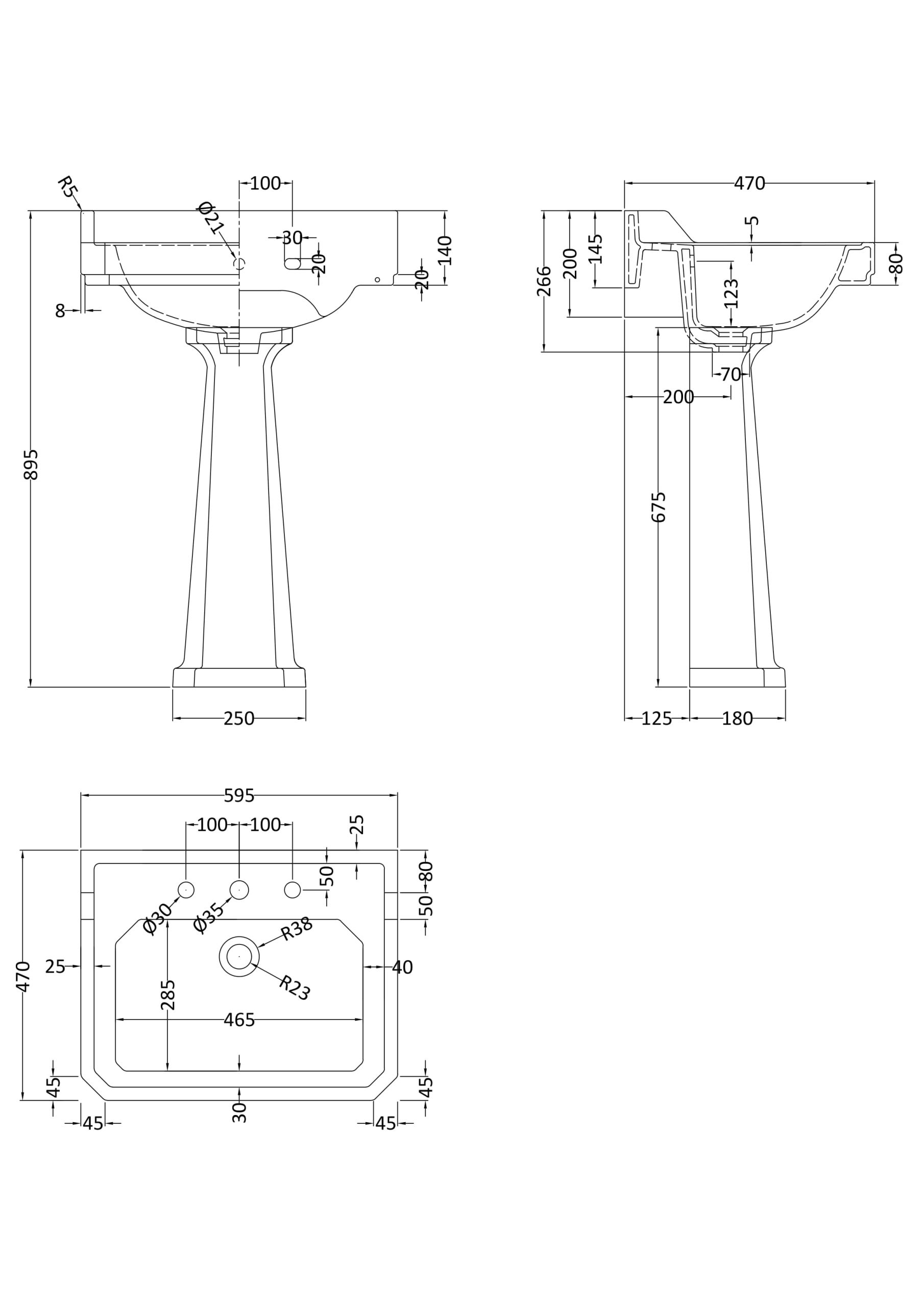 HR Richmond 600mm Basin & Pedestal 3 Tap Hole - Image 2