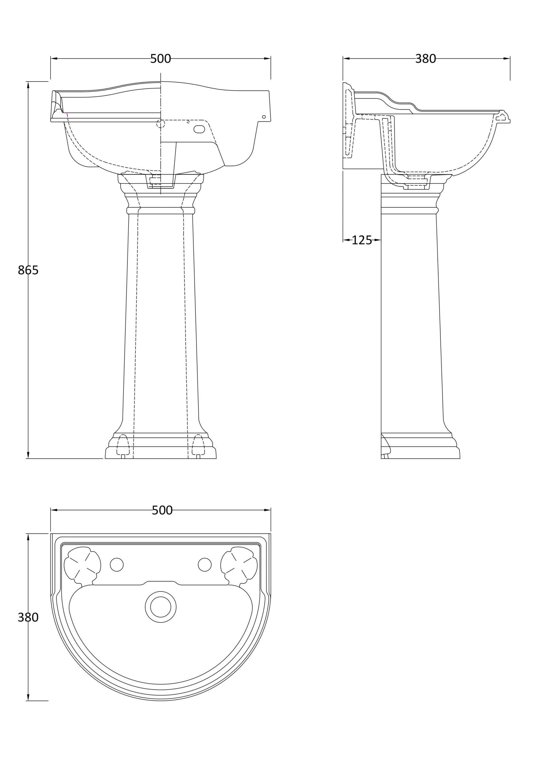 HR Chancery 500mm Basin & Pedestal 2 Tap Hole - Image 2